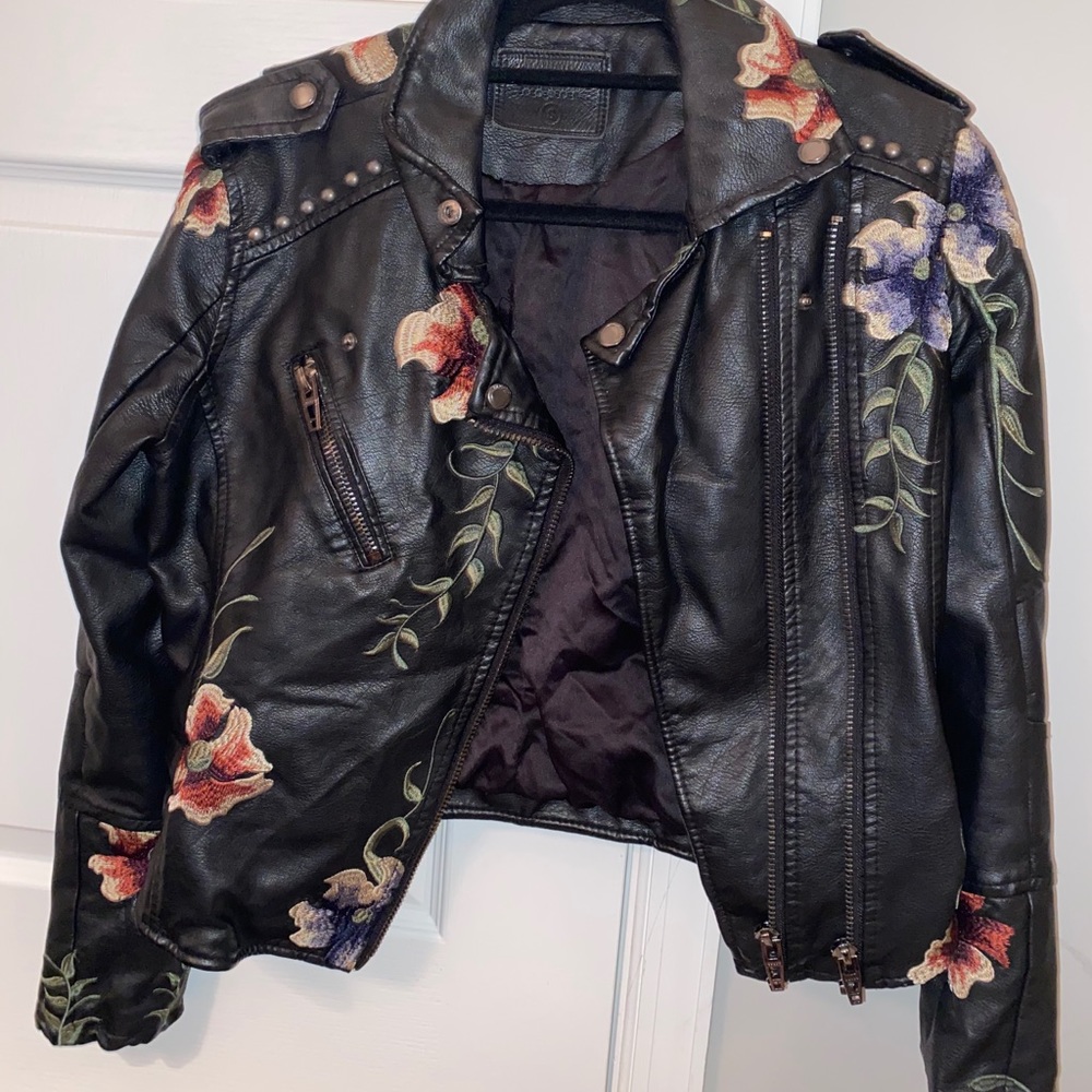 Blank NYC flower embroidered leather jacket